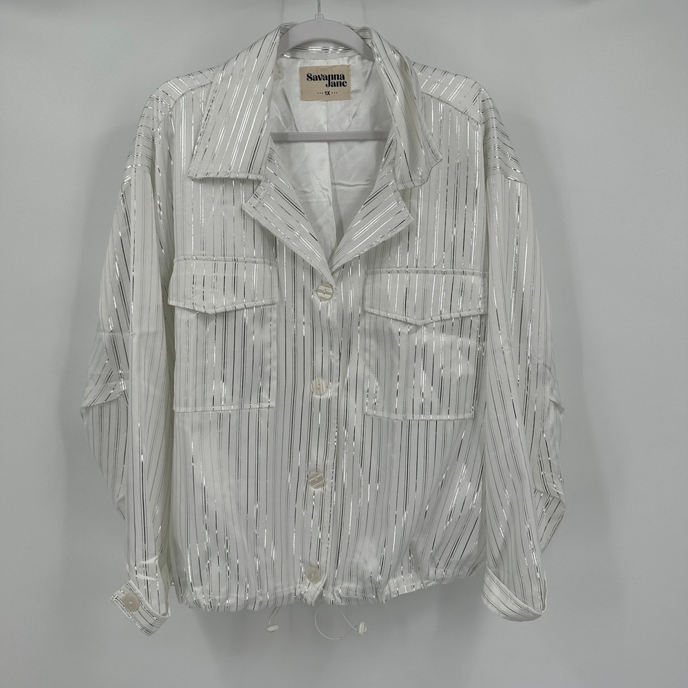 Savanna Jane Womens Futuristic Metallic Stripe Drawstring Utility Jacket Size 1X